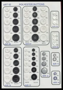 Polyesterknappar – art. 02: VR 06, AVR 07, VR 11, AVR 12, AVR 08, AVR 09 …