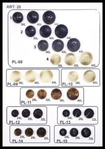 Polyesterknappar – art. 20: PL-08, PL-09, PL-IO 36L, PL-14, PL-13